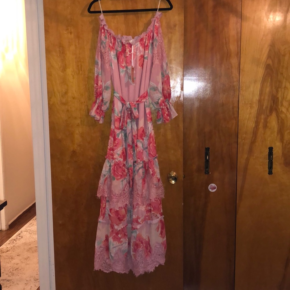 Champagne and Strawberry Off the Shoulder Floral Maxi Dress